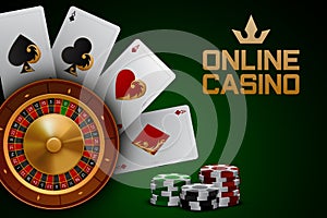 Online casino web banner with roulette, chips and four aces